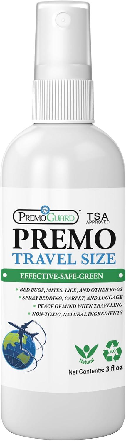 Travel Bed Bug & Mite Killer Spray by Premo Guard 3 oz – Child & Pet Safe – Fast Acting – Stain & Odor Free – Best