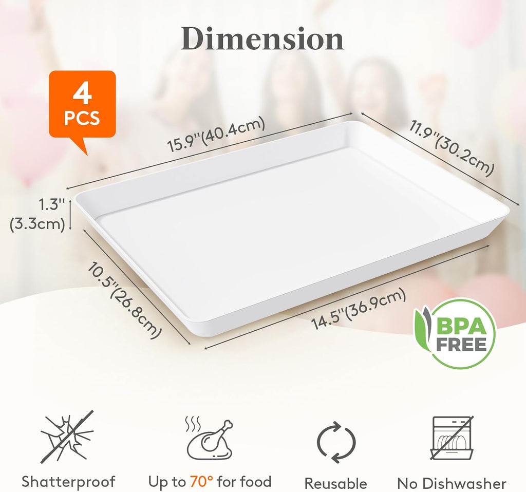4-Pack 16" x 12" Extra Large Plastic Food Serving Trays for Party
