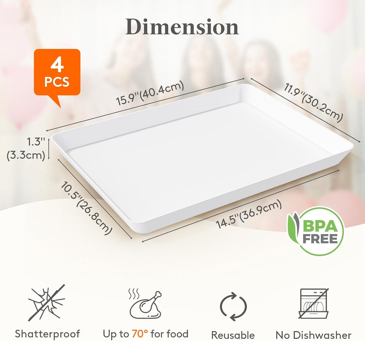 4-Pack 16" x 12" Extra Large Plastic Food Serving Trays for Party