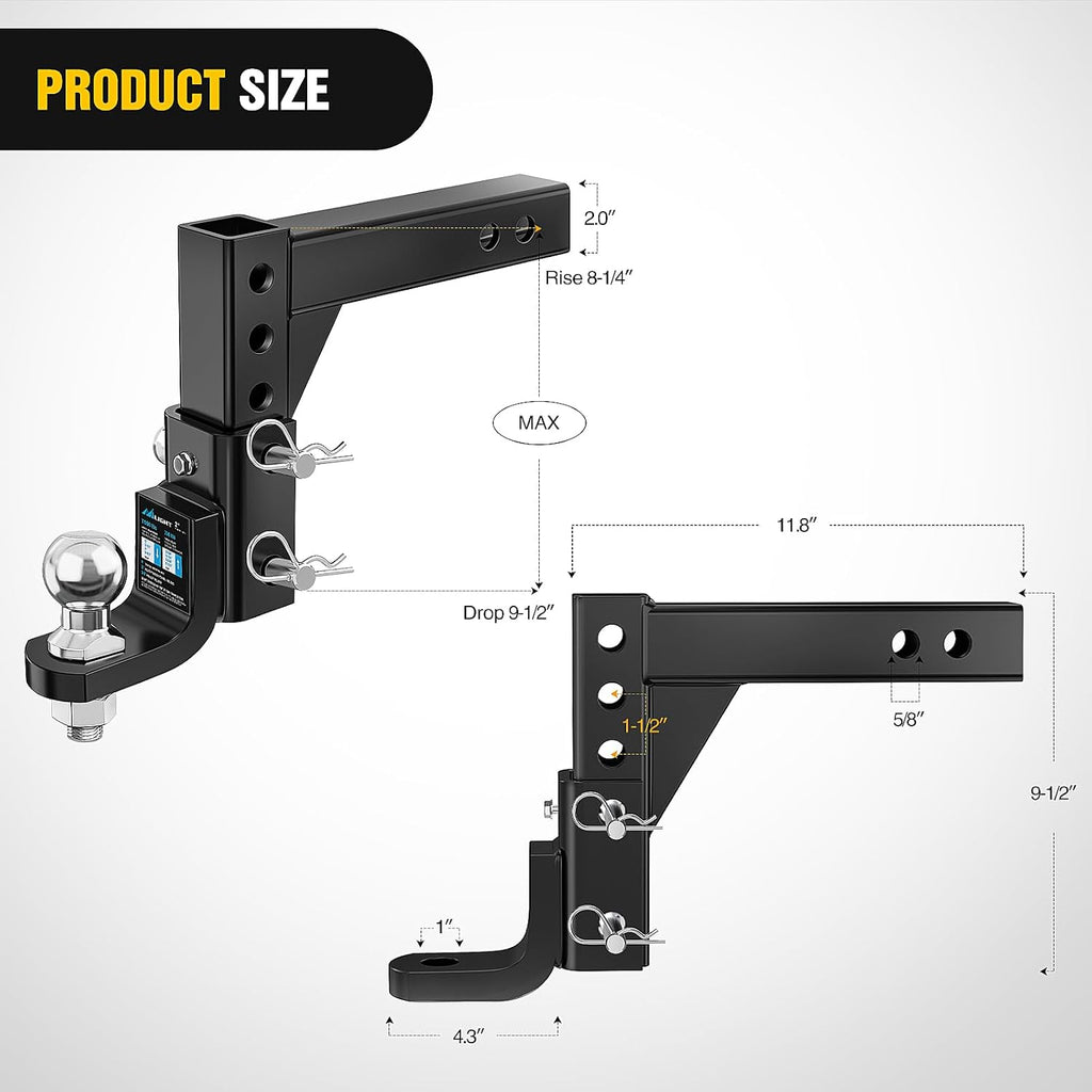 8-Position Adjustable Trailer Hitch Ball Mount with 2 inch Ball Fits 2 Inch Receiver with 5/8" Pin Lock 7500 lbs