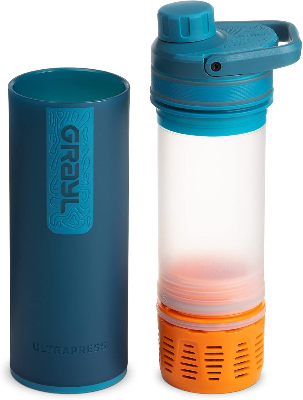 UltraPress Water Purifier & Filter Bottle for Hiking, Backpacking, and Travel (Forest Blue)