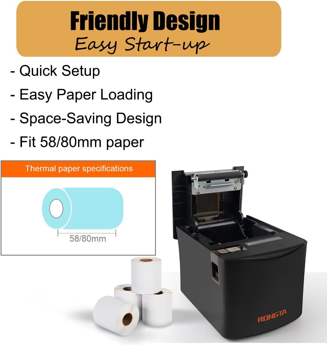 Thermal Receipt Printer, 80mm High-Speed POS Printer with Auto Cutter, 250mm/s, Ideal for Kitchen & Small Business