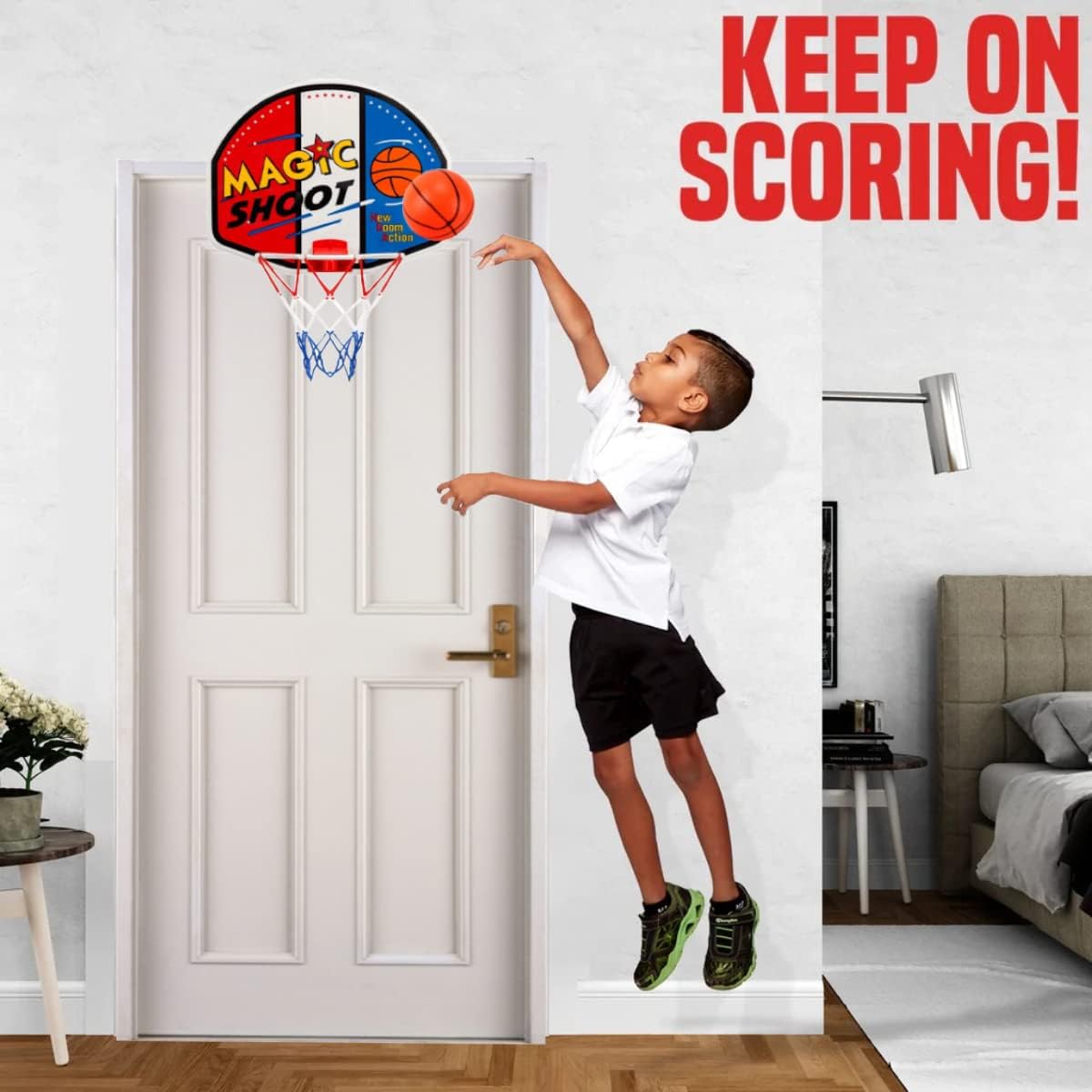 Indoor Mini Basketball Hoop - 16" x 13" Large Over The Door Plastic Toy Backboard, Net, Ball and Pump for Kids Boys