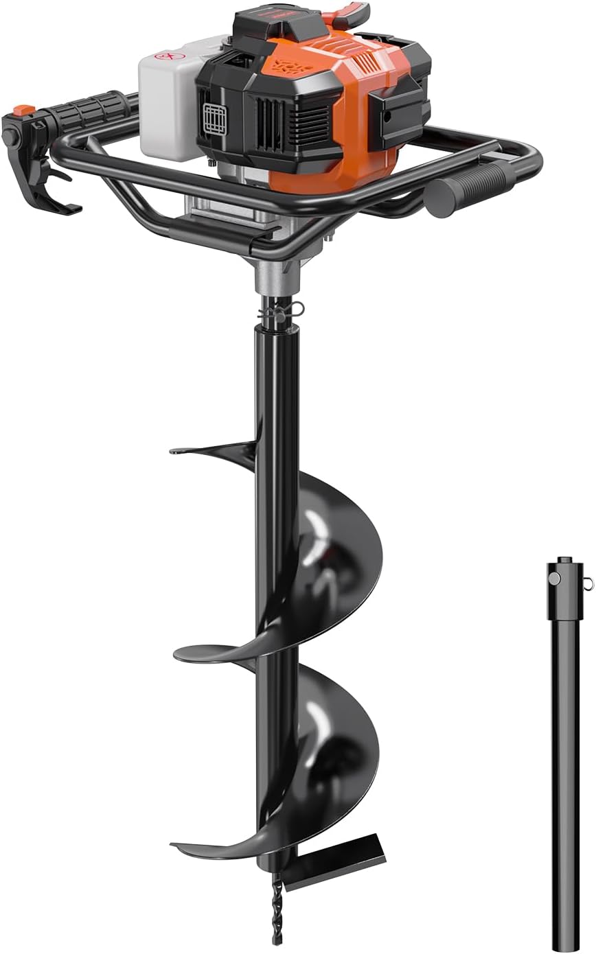 Post Hole Digger, 52CC Auger Post Hole Digger, Gas Powered Hole Digger with 8" Earth Auger Drill Bit, 20" Extension Rods