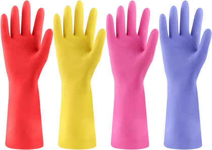 Rubber Kitchen Dishwashing Gloves - 4 Pairs Colorful Reusable Cleaning Gloves for Kitchen Washing Dishes and