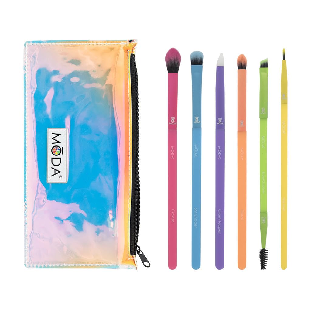 MODA Totally Electric 7pc Bright Eye Makeup Brush Kit, Vegan, Travel Case