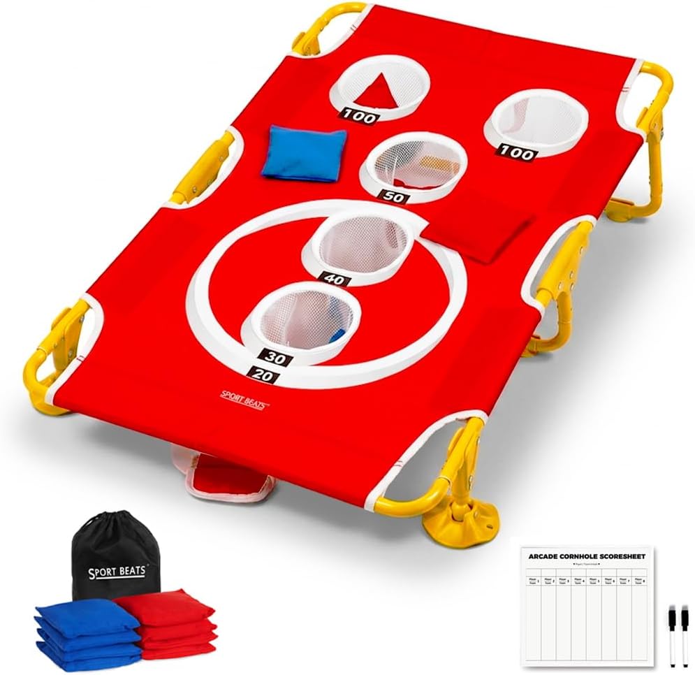 Foldable Cornhole Game Set Portable Bean Bag Toss for Family Tailgate & Beach - Metal Frame 5-Hole Arcade Style with