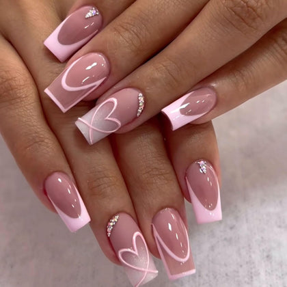 Medium Press on Nails Square Glue on Nail Light Pink French Fake Nails