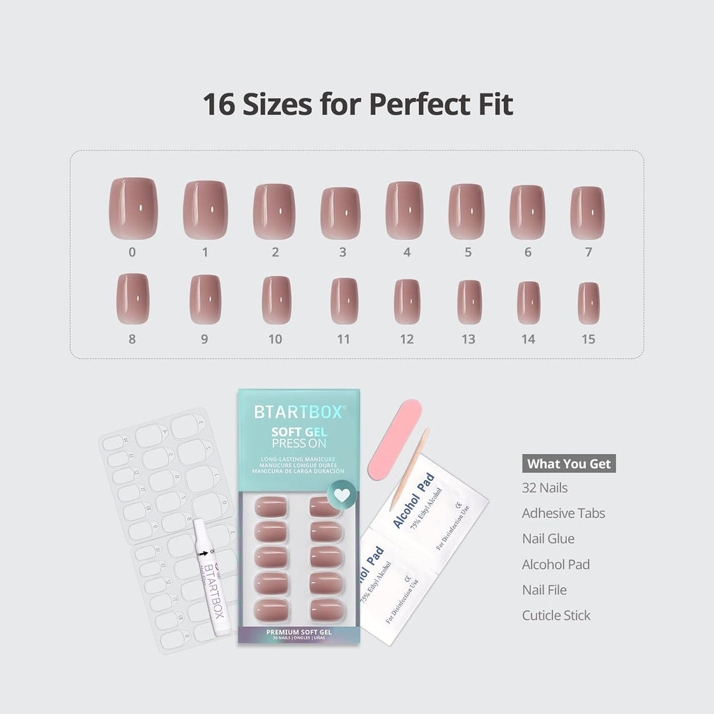 Press On Nails, Short Square Nude Fake Nails, 32Pcs Full Kit