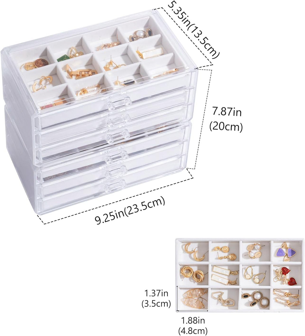 Earring Holder Organizer Box Jewelry Storage with 6 Drawers, Clear Acrylic Stackable Earring Case with Adjustable