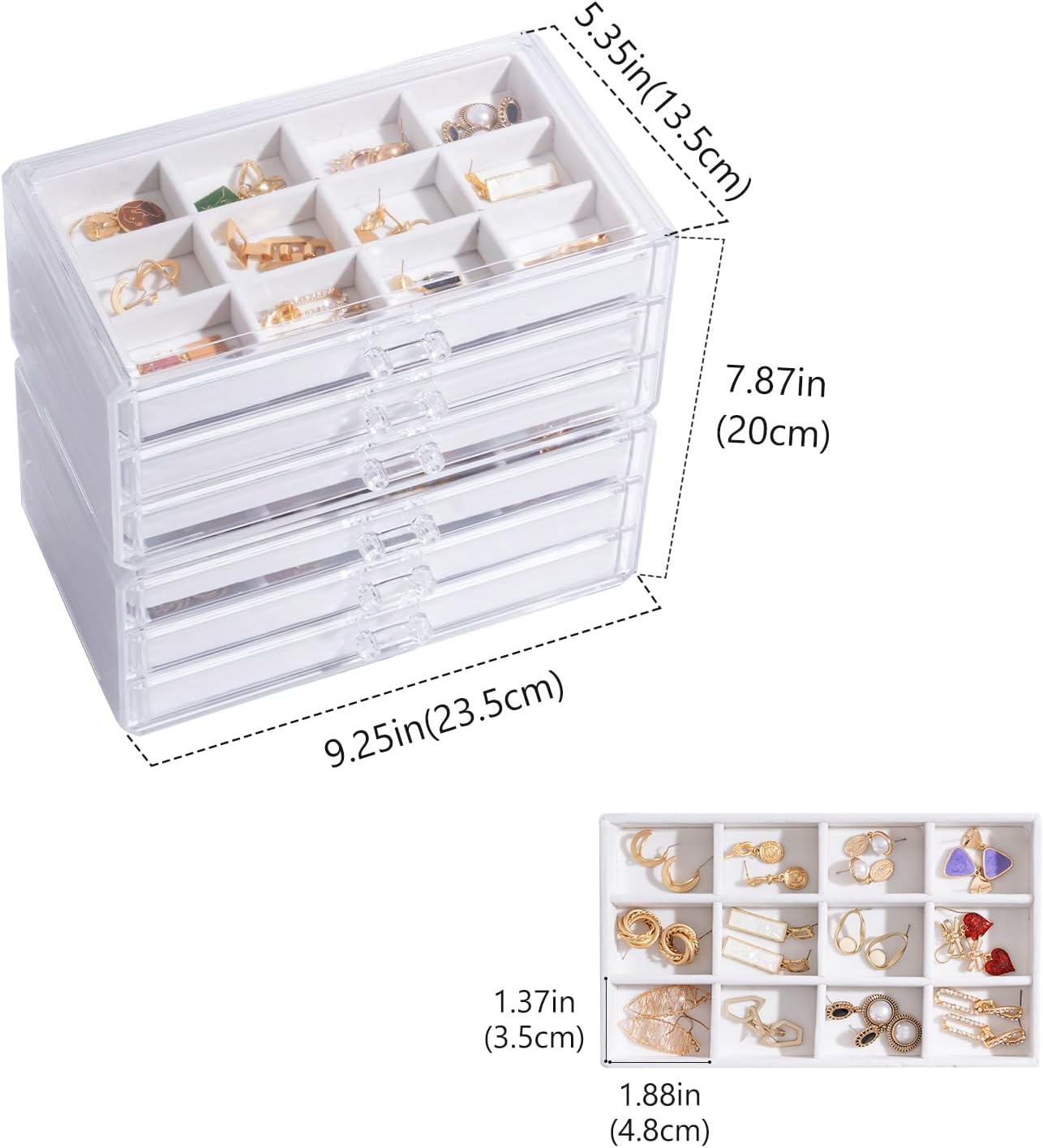 Earring Holder Organizer Box Jewelry Storage with 6 Drawers, Clear Acrylic Stackable Earring Case with Adjustable