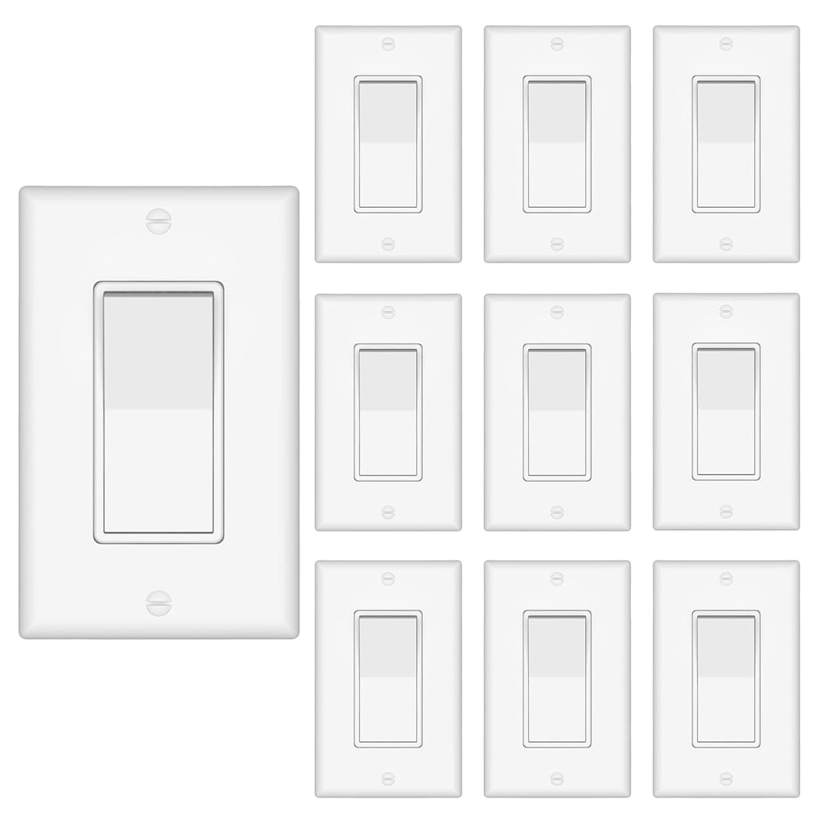 ThunderWay 10 Pack 3-Way Decorator Light Switch with Wallplate, White