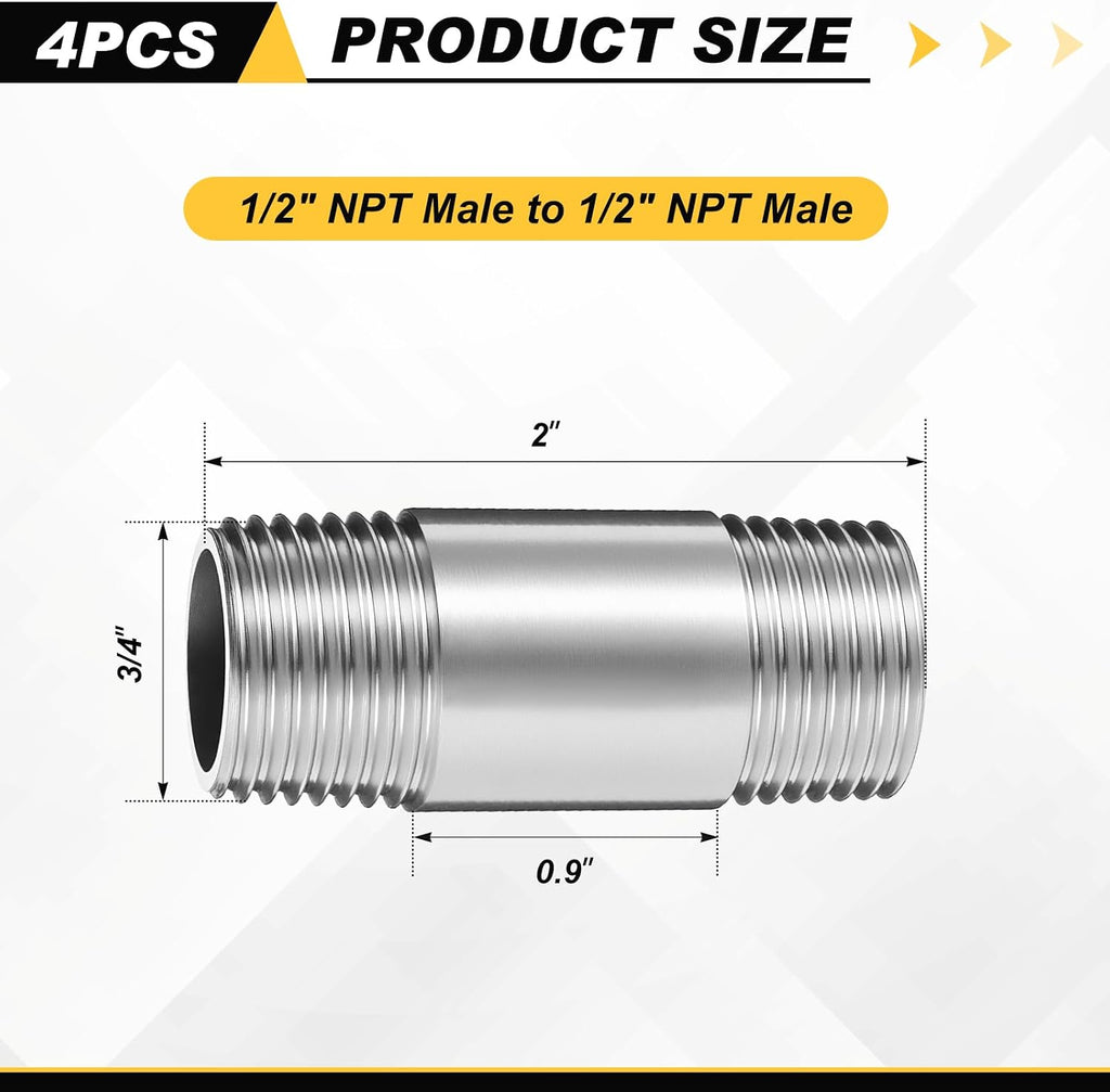 4 Pcs 304 Stainless Steel 1/2 NPT Pipe Nipple 2" Length