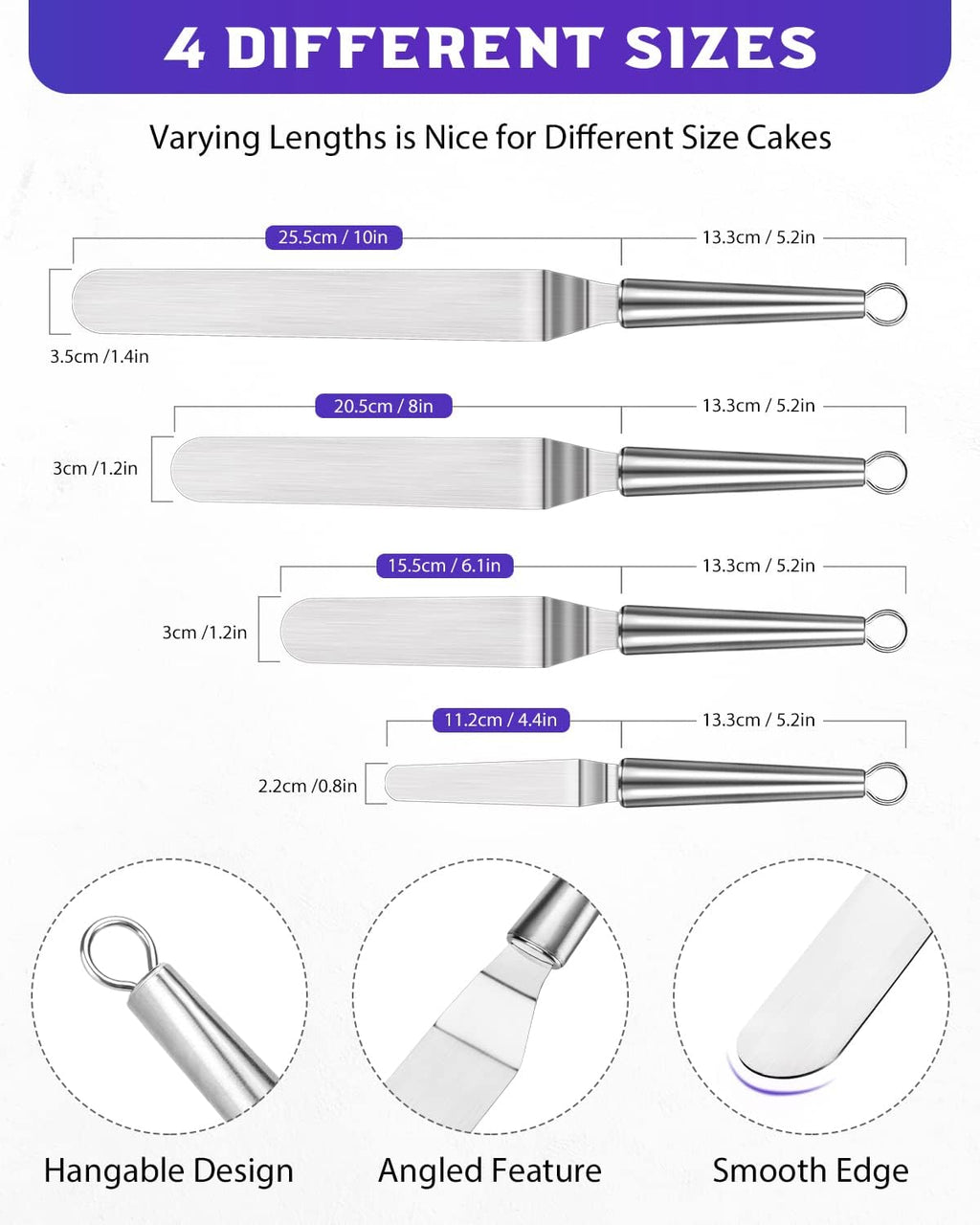 Metal Offset Icing Spatula for Cake Decorating Frosting, Set of 4