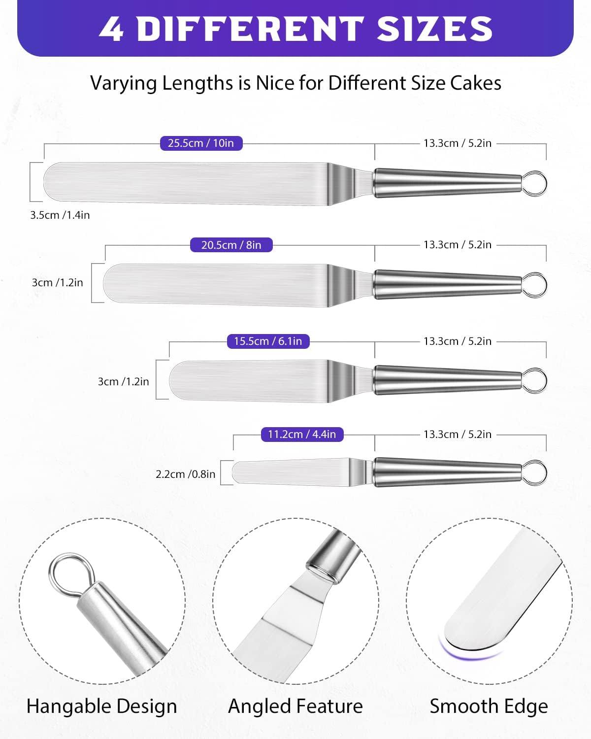Metal Offset Icing Spatula for Cake Decorating Frosting, Set of 4
