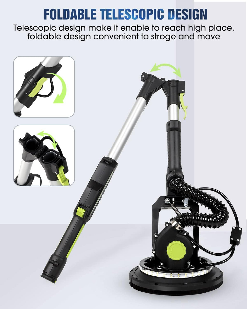 7.2A Drywall Sander with Vacuum, LED, 6-Speed | Digital display 900-1800RPM, foldable & extendable handle, 7.2A