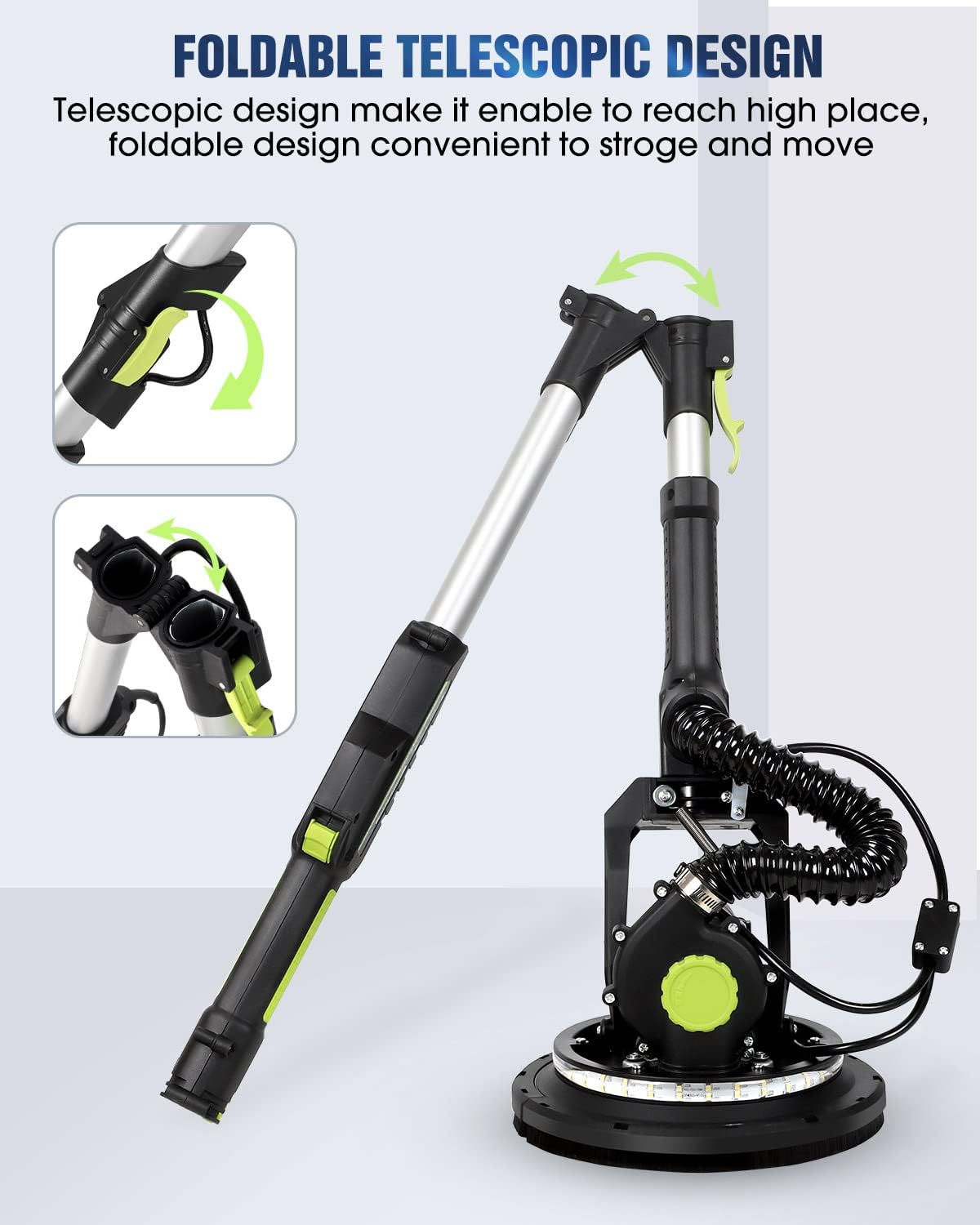 7.2A Drywall Sander with Vacuum, LED, 6-Speed | Digital display 900-1800RPM, foldable & extendable handle, 7.2A
