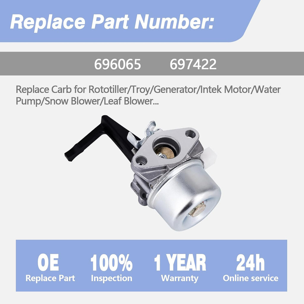 696065 697422 Carburetor Kit Fits for 110402 110412 5HP 5.5HP 6HP 6.5HP 7HP Tiller Engine Carb Rototiller Troy Generator Intek Motor Water Pump Replace Carb