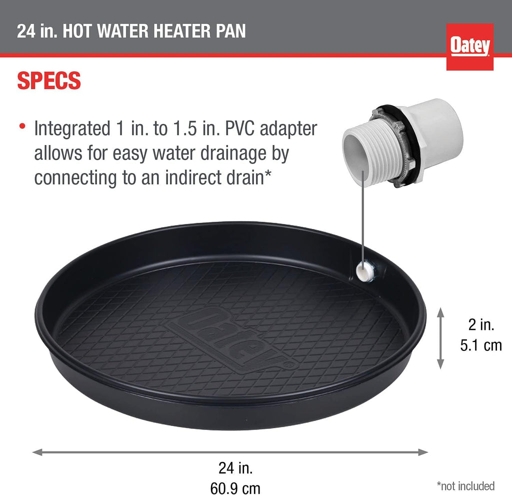 34063 24 in. Plastic Hot Water Heater Pan with 1 to 1.5 in. PVC Adapter, Black
