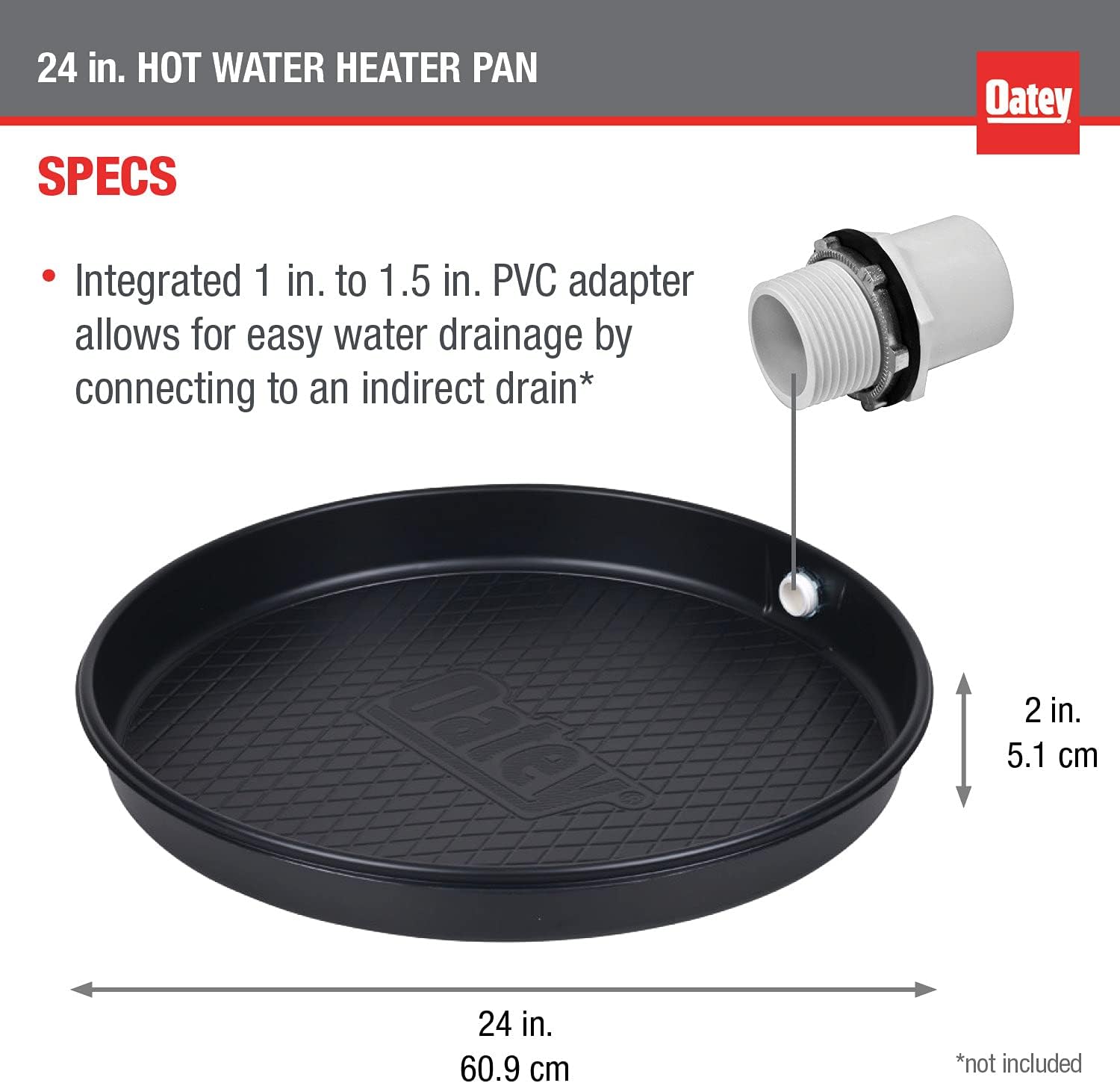 34063 24 in. Plastic Hot Water Heater Pan with 1 to 1.5 in. PVC Adapter, Black