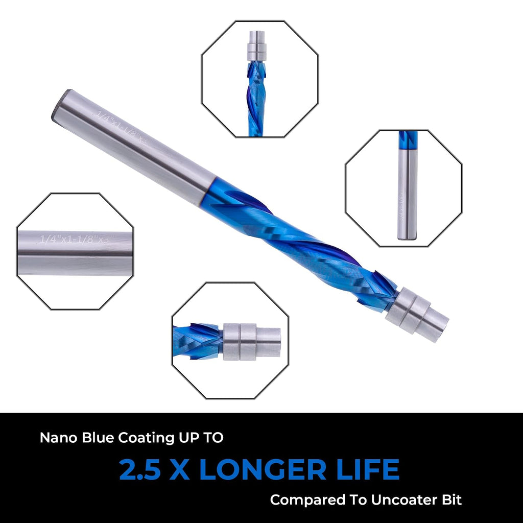 1/4" Shank Spiral Flush Trim Router Bit, 1/4" Dia.1-1/8" Cut Length & 3" OAL, Up&Down Compression Cut Solid Carbide