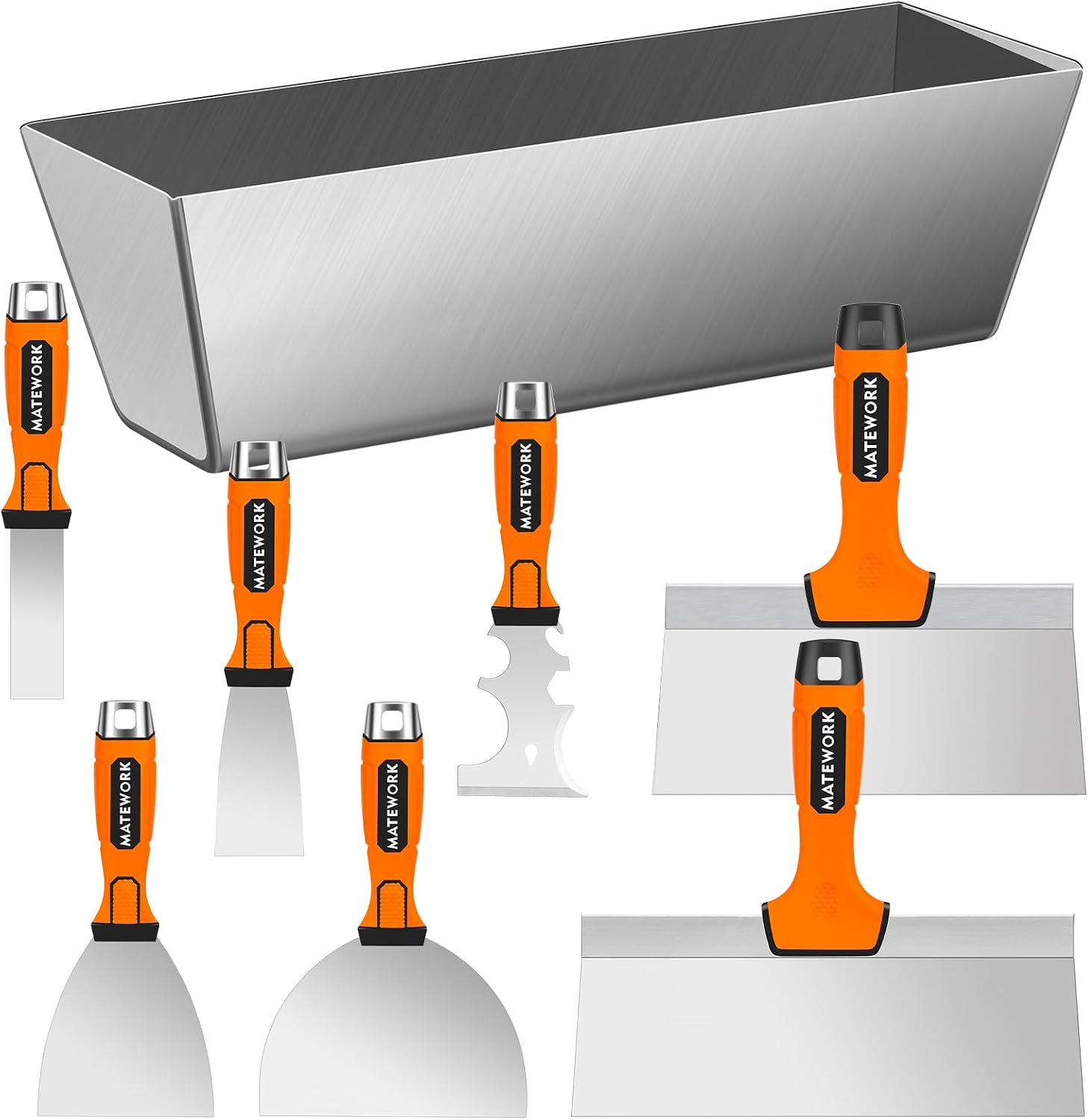 8Pcs Drywall Tools & Putty Knife Set with Hammer End, Mud Pan | 304 Hardened Stainless Steel, Resistant to Rust and