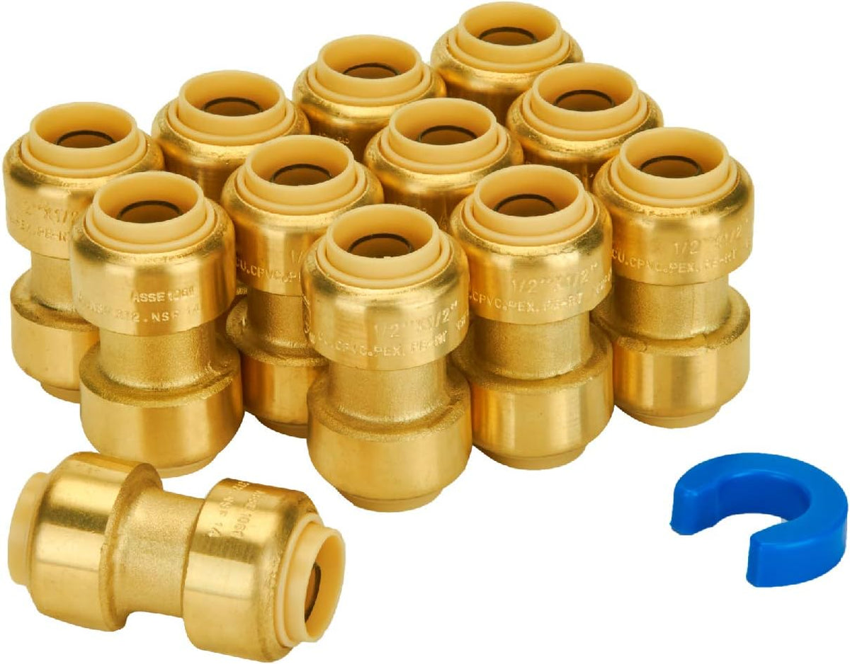 1/2 Inch Coupling, Push Pex Fittings 1/2 Inch, Brass, 12-Pack