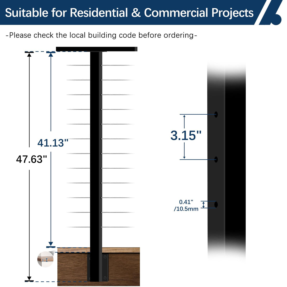 4 Pack Side Mount Cable Railing Post for 42" Railing System (Post Body 48"), Level Drilled Space-Saving Fascia Mount