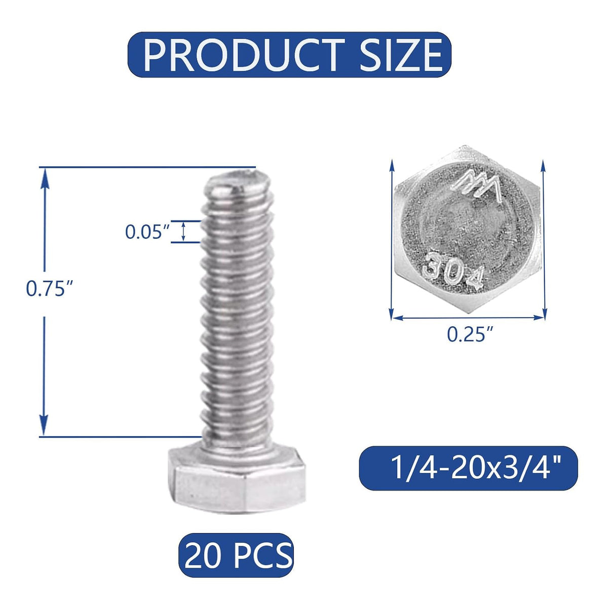 1/4-20x3/4 Hex Head Screw Bolt(20PCS), Lock Nuts,Flat & Lock Washers Kits,304 Stainless Steel 18-8,Fully Threaded.