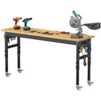 Adjustable Heavy Duty Workbench with Wheels，Rubber Wood Top Working Table, 2500 LBS Load Capacity with for Workshop
