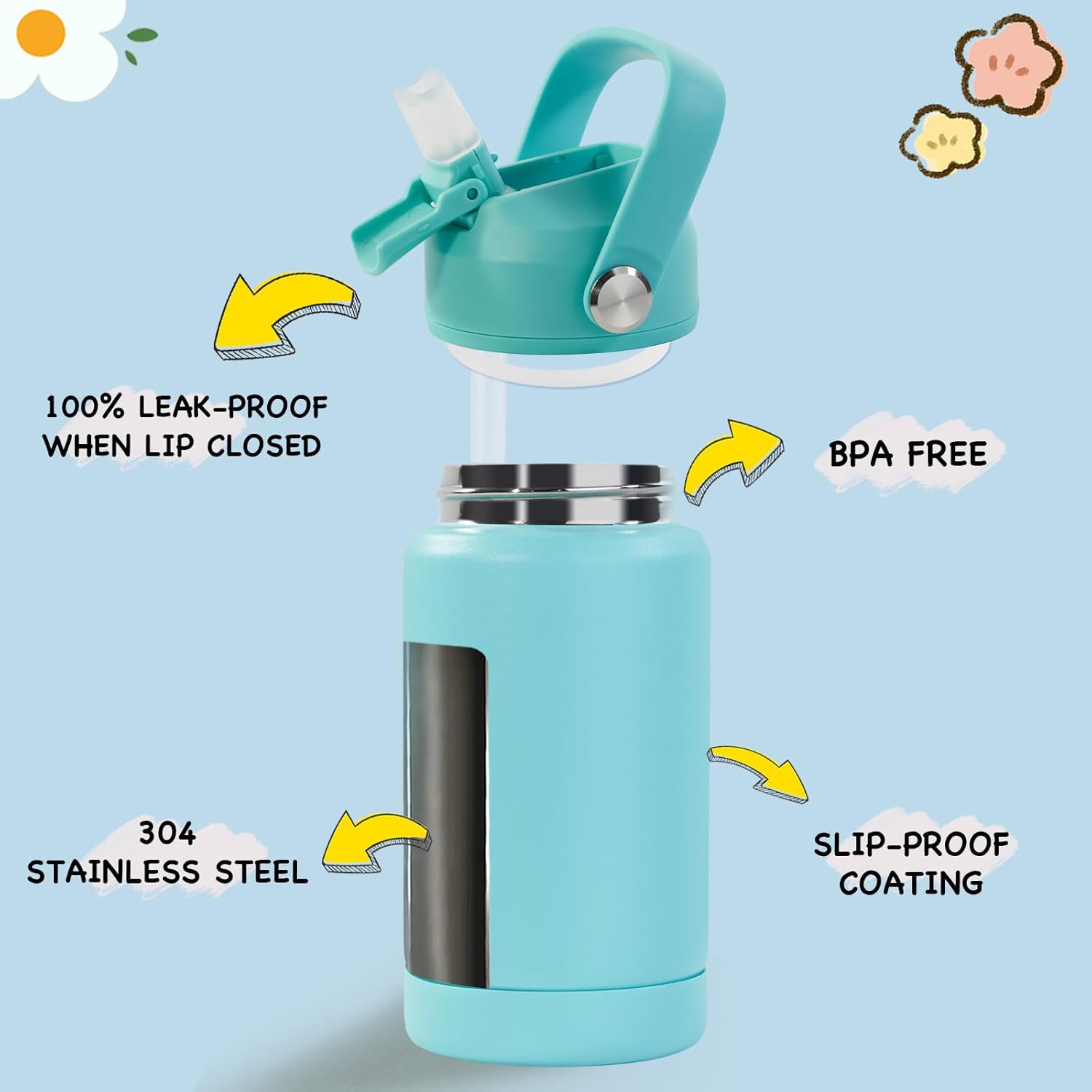12oz Kids Water Bottle, Stainless Steel Insulated Water Bottle for Kids, Toddler Cup With Straws Leak-proof, Toddler