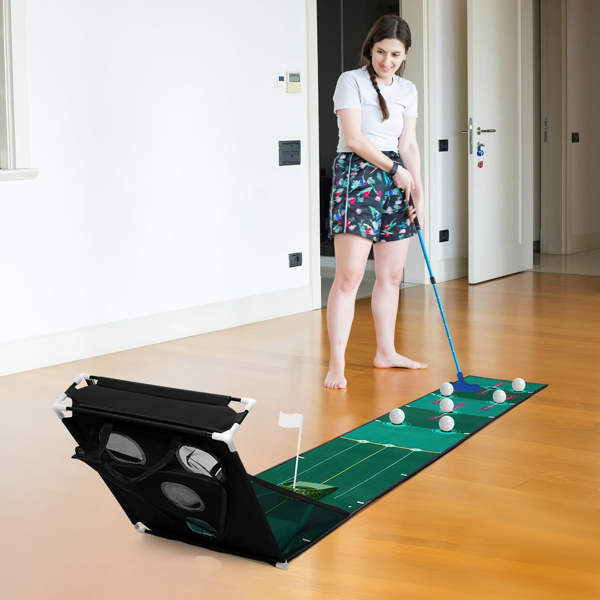 Golf Putting Green, Indoor Putting Matt for Golf Practice with Putter, Putting Cup, 6 Balls, Automatic Ball Return