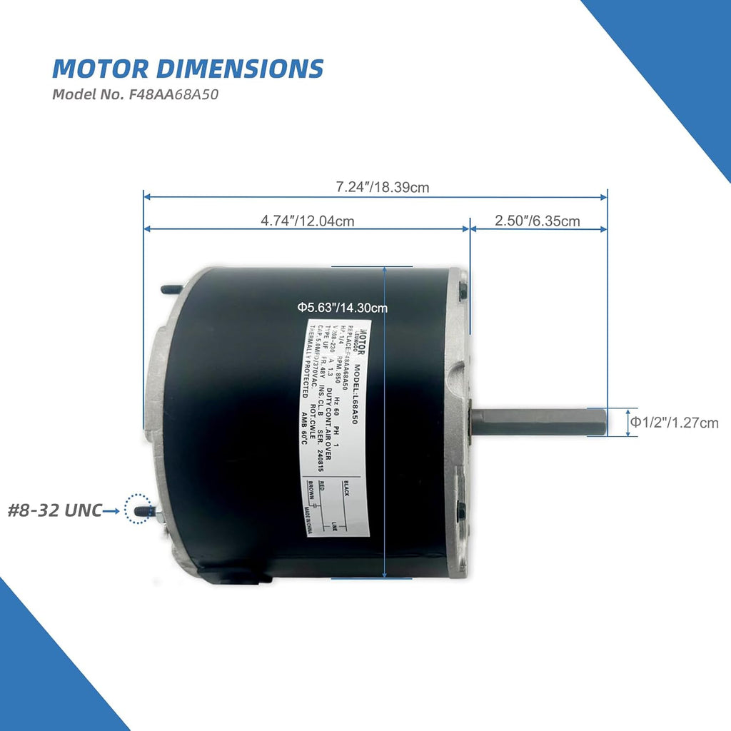 F48AA68A50 Condenser Fan Motor Replace for York, Coleman, GE, Genteq | Luxaire, Century A.O. Smith F48M27A50