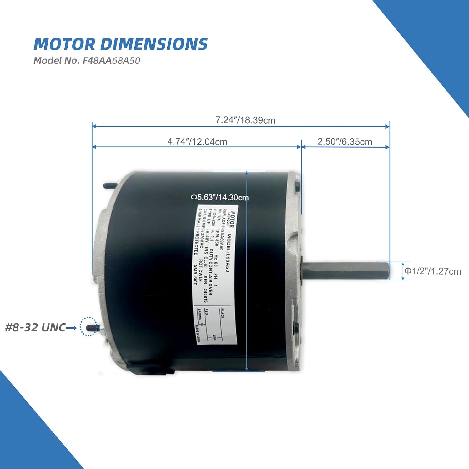 F48AA68A50 Condenser Fan Motor Replace for York, Coleman, GE, Genteq | Luxaire, Century A.O. Smith F48M27A50
