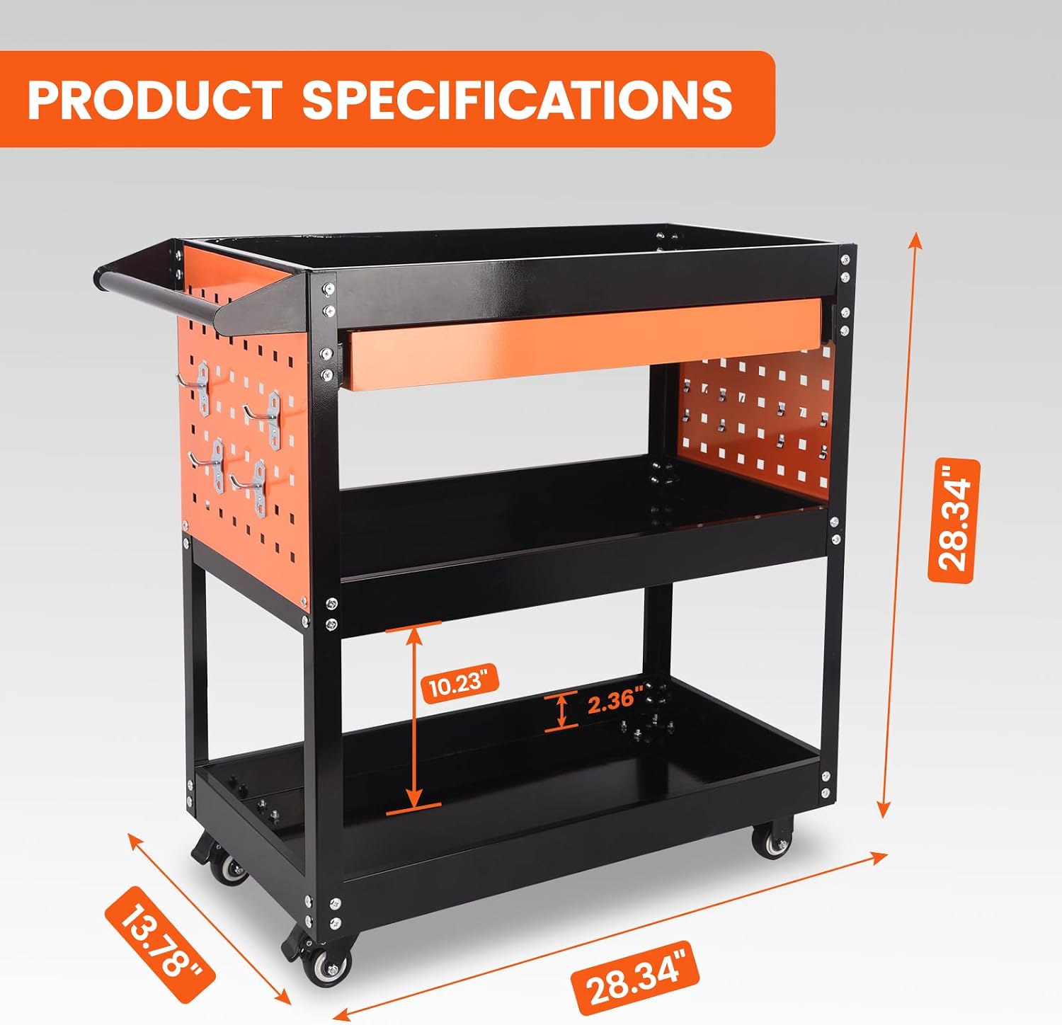 3-Tier Tool Cart with Wheels, 420 lbs Load Capacity Tool Storage Cart, Heavy Duty Metal Rolling with Drawers and