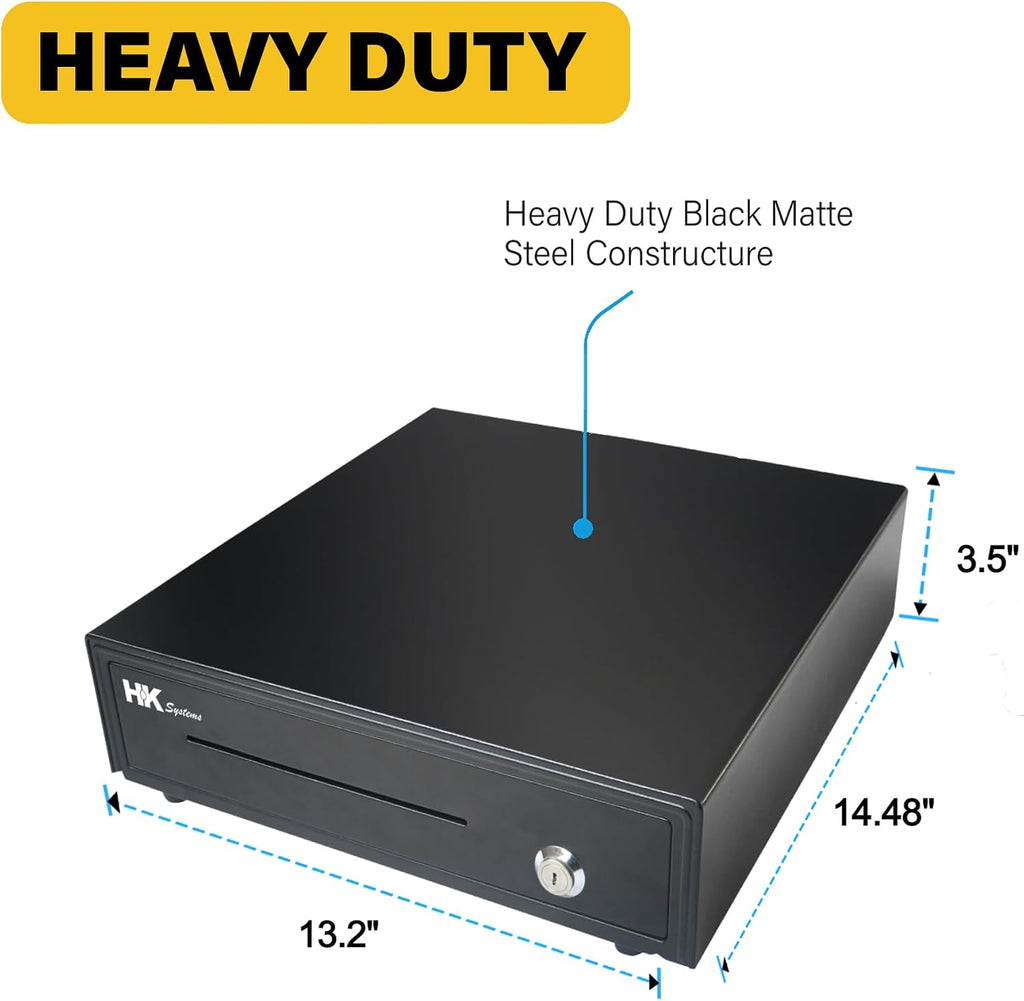 13inch Heavy Duty POS Cash Drawer with 4Bill/5Coin, Removable Coin Compartment, 24V, RJ11, Single Large Media Slot