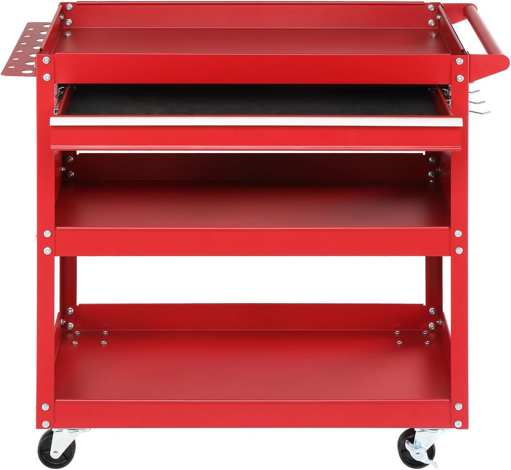 3-Tier Rolling Tool Cart, Heavy Duty Utility Industrial Service Cart on Wheels, with Locked Drawers, Ideal for