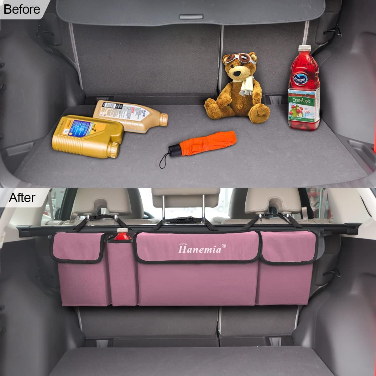 Car Trunk Organizer, Backseat Hanging Storage with 4 Large Pockets, Collapsible Cargo Bag with Adjustable Straps
