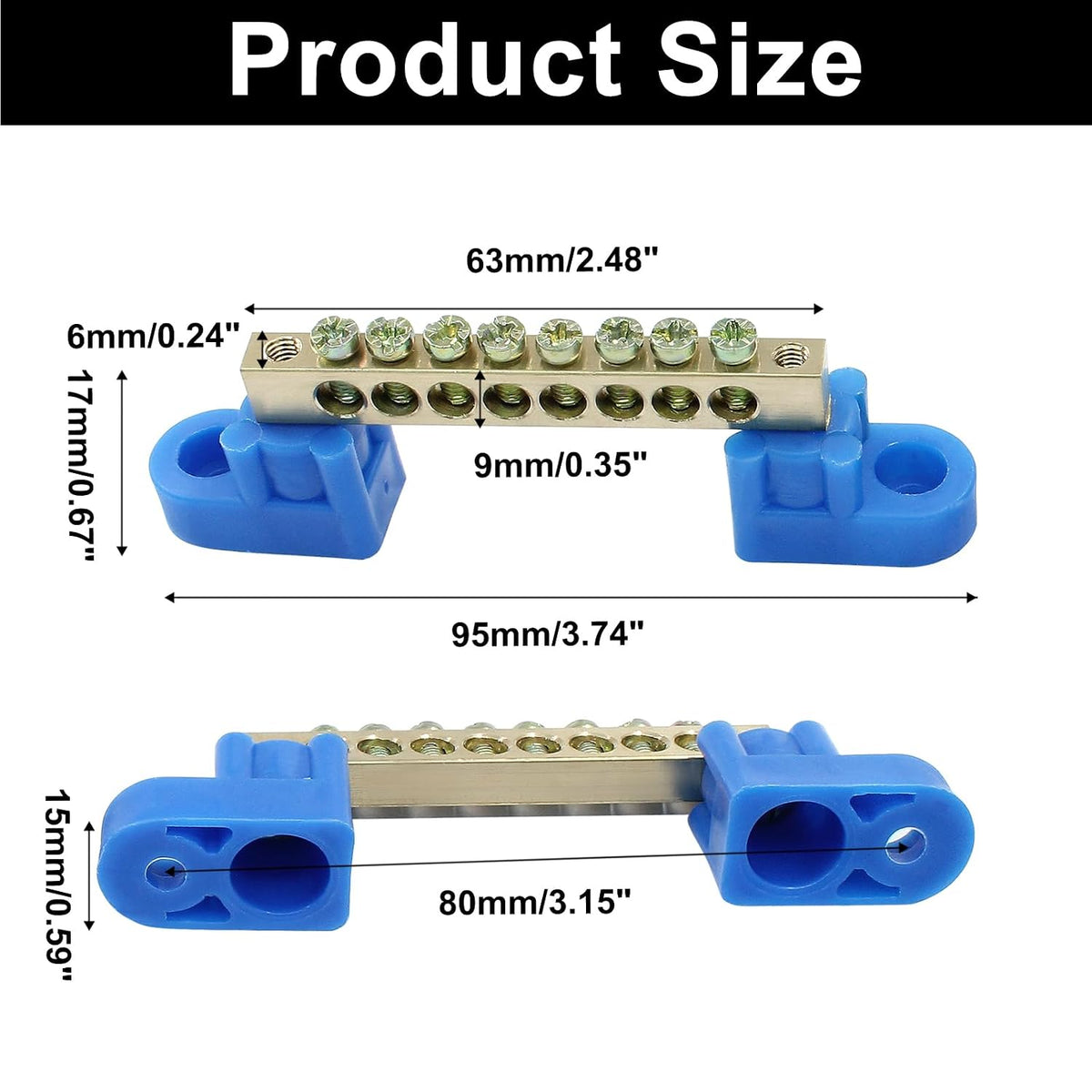 Bonsicoky 2 Pack Brass Terminal Bus Bar 8 Positions Blue