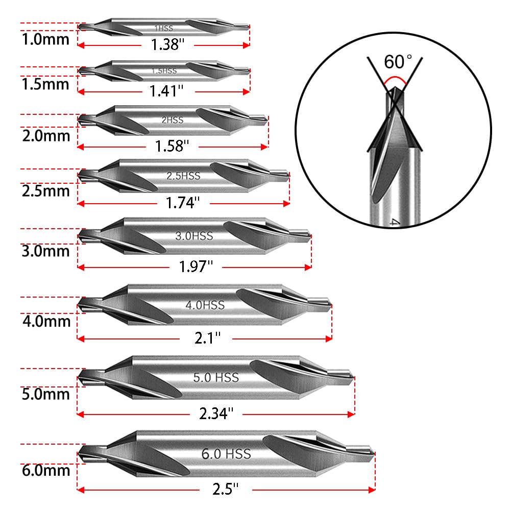 8PCS Center Drill Bits Set Countersink Tools 60 Degree Angle HSS 1-6.0