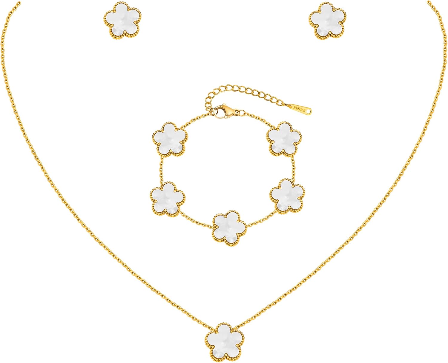 Gold Necklaces Bracelets Earring Set - 18K Gold Plated Flower Bracelet Chain,Stainless Steel Non Tarnish Floral