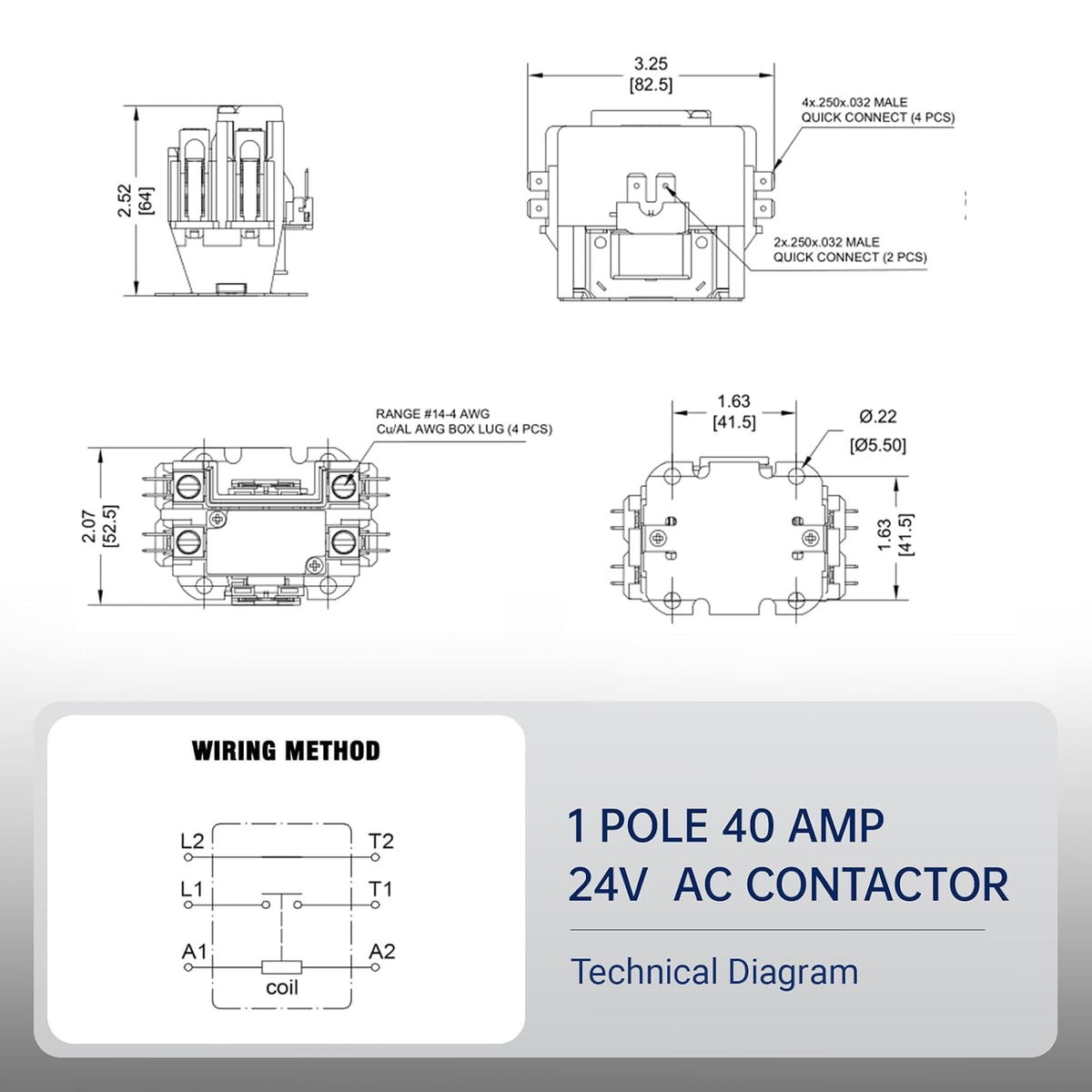 1P 40A 24V AC Contactor, 50/60Hz, Suitable for Compressors/Air Conditioning