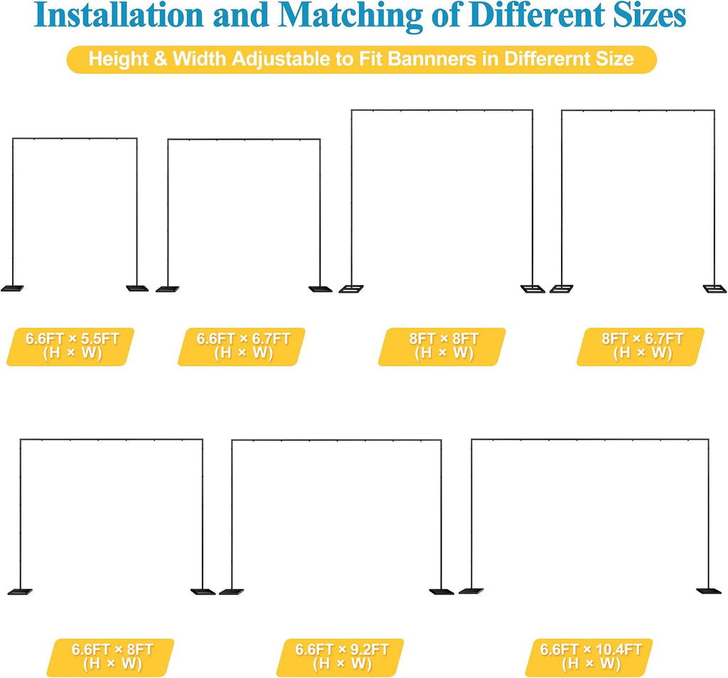 8FT x 8FT Backdrop Stand Heavy Duty with Base, Black Portable Adjustable Pipe and Drape Backdrop Stand Kit, Square