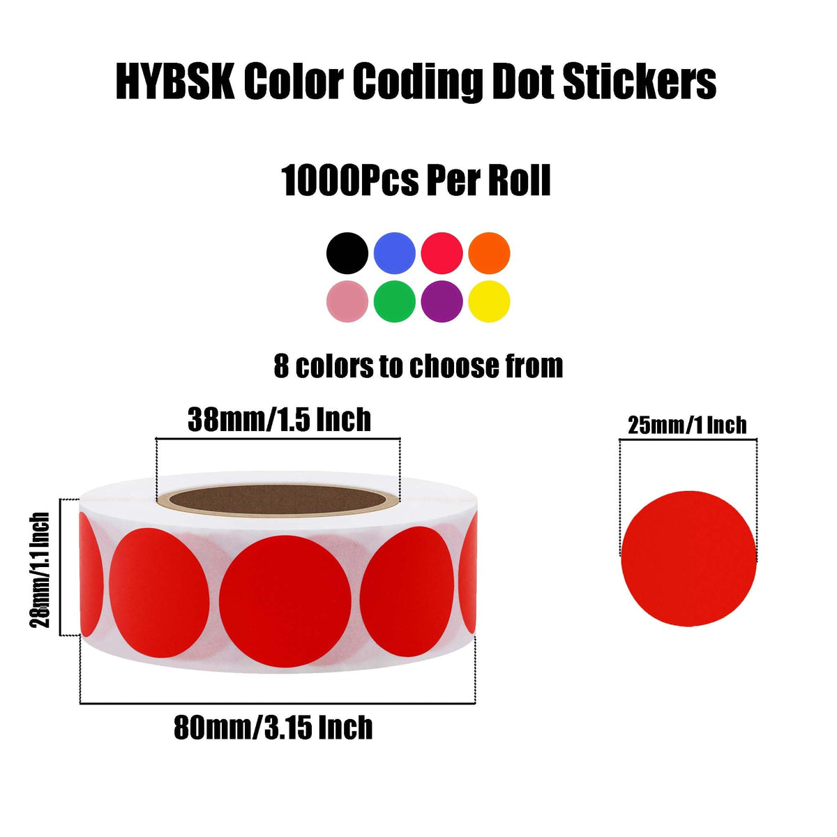 Color Coding Dot Labels 1 inch Round Gloss Paper Stickers Adhesive Label 1,000 Per Roll (red)