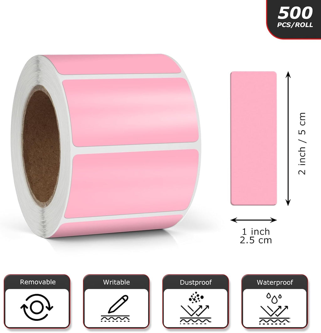 Pink Rectangle Labels 2 x 1 Inch Blank Stickers Roll 500 Pcs