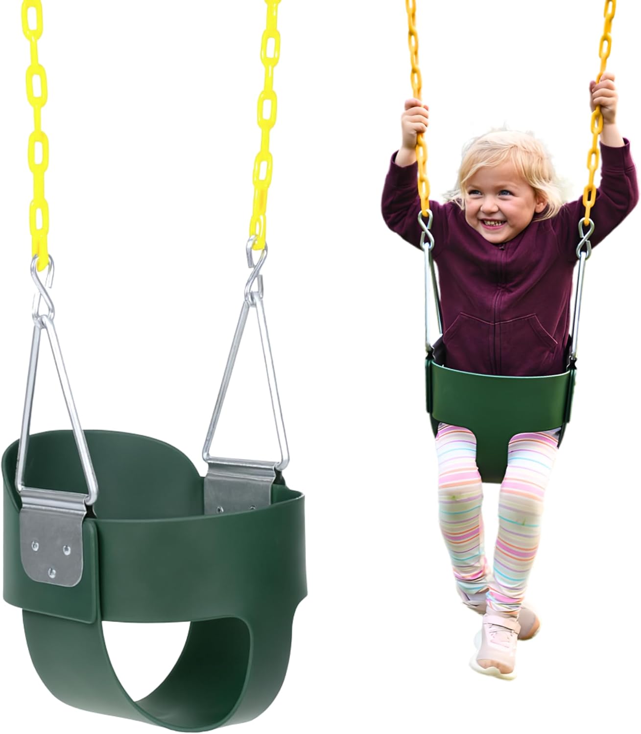 Heavy-Duty High Back Full Bucket Toddler Swing Seat | Coated Swing Chains Fully Assembled | Green Swing Set Accessory