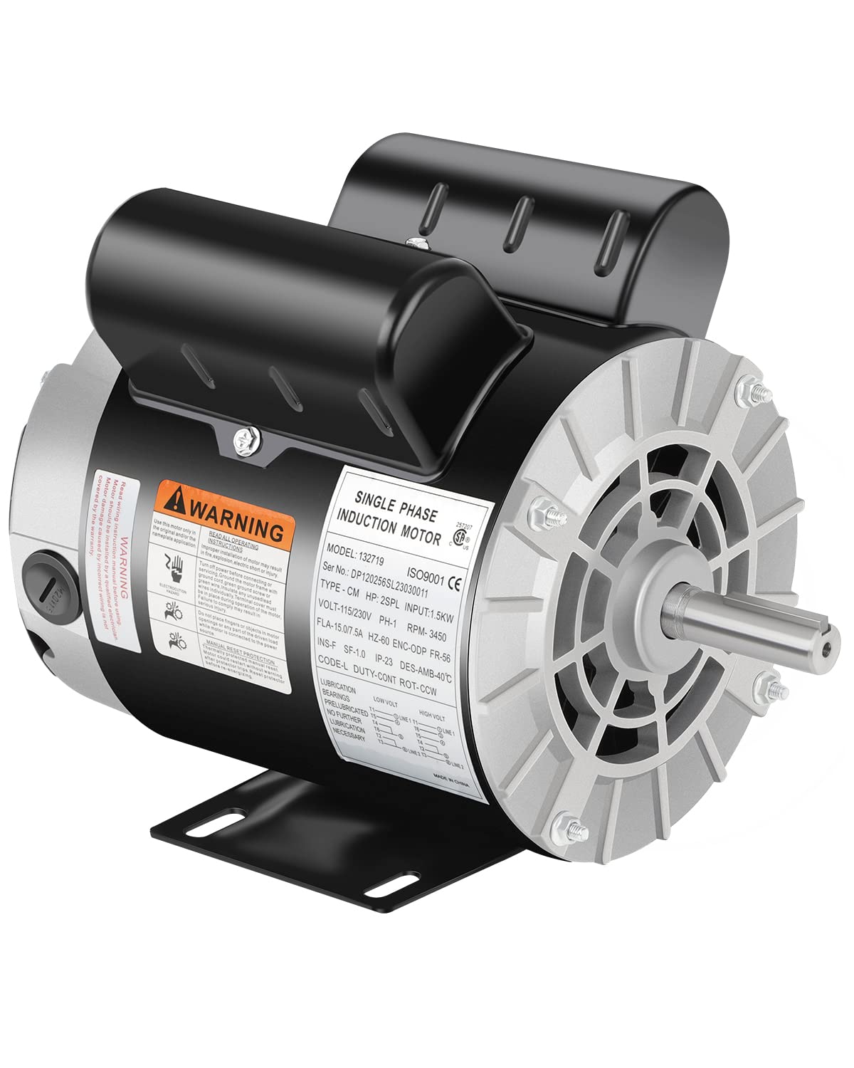 2 HP SPL Air Compressor Motor Single Phase 3450 RPM 115/230V ODP