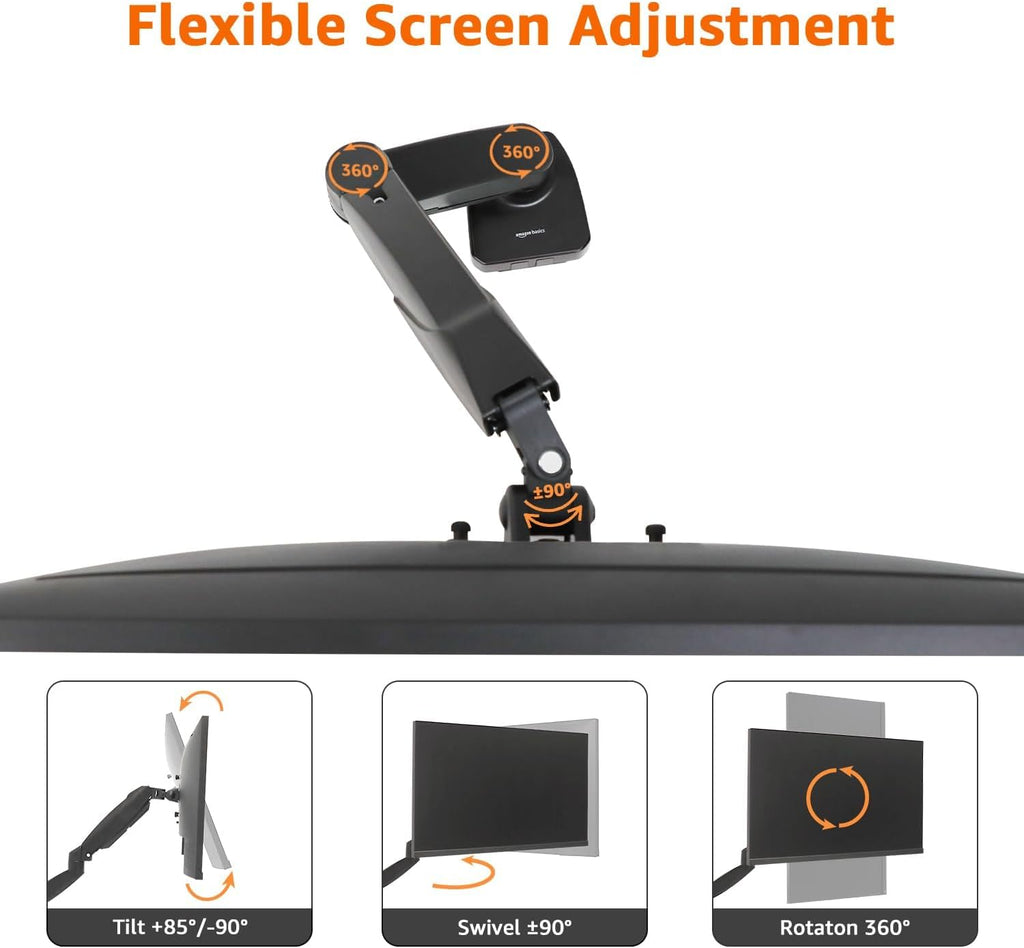 Gas Spring Single Monitor Arm Desk Mount, Adjustable Tension, Fits 15–27 Inch Monitors, Supports 4.4–15.4 lbs, VESA