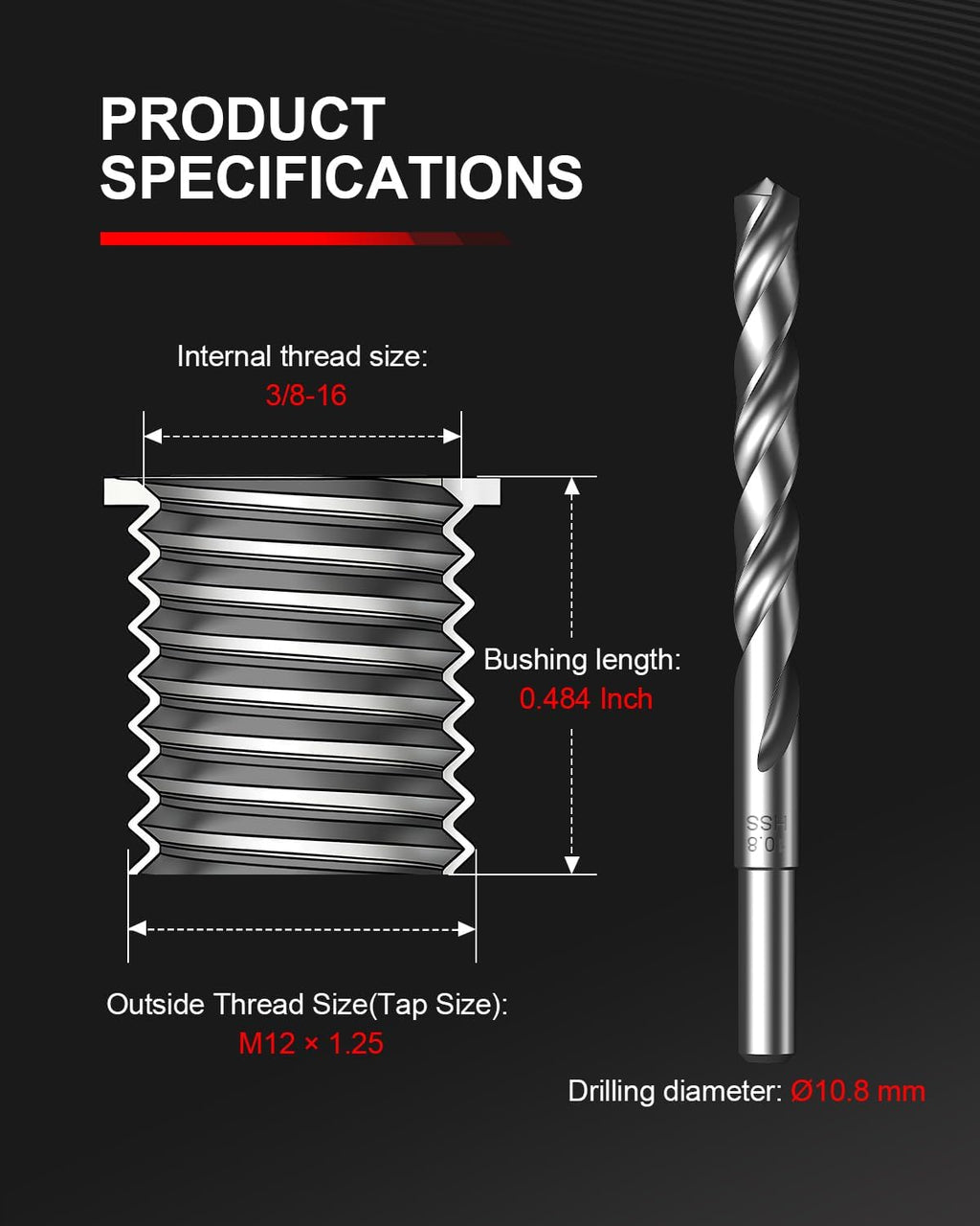 Kolvoii 3/8-16 SAE Thread Repair Kit, 10 Solid 304 Stainless Steel Inserts