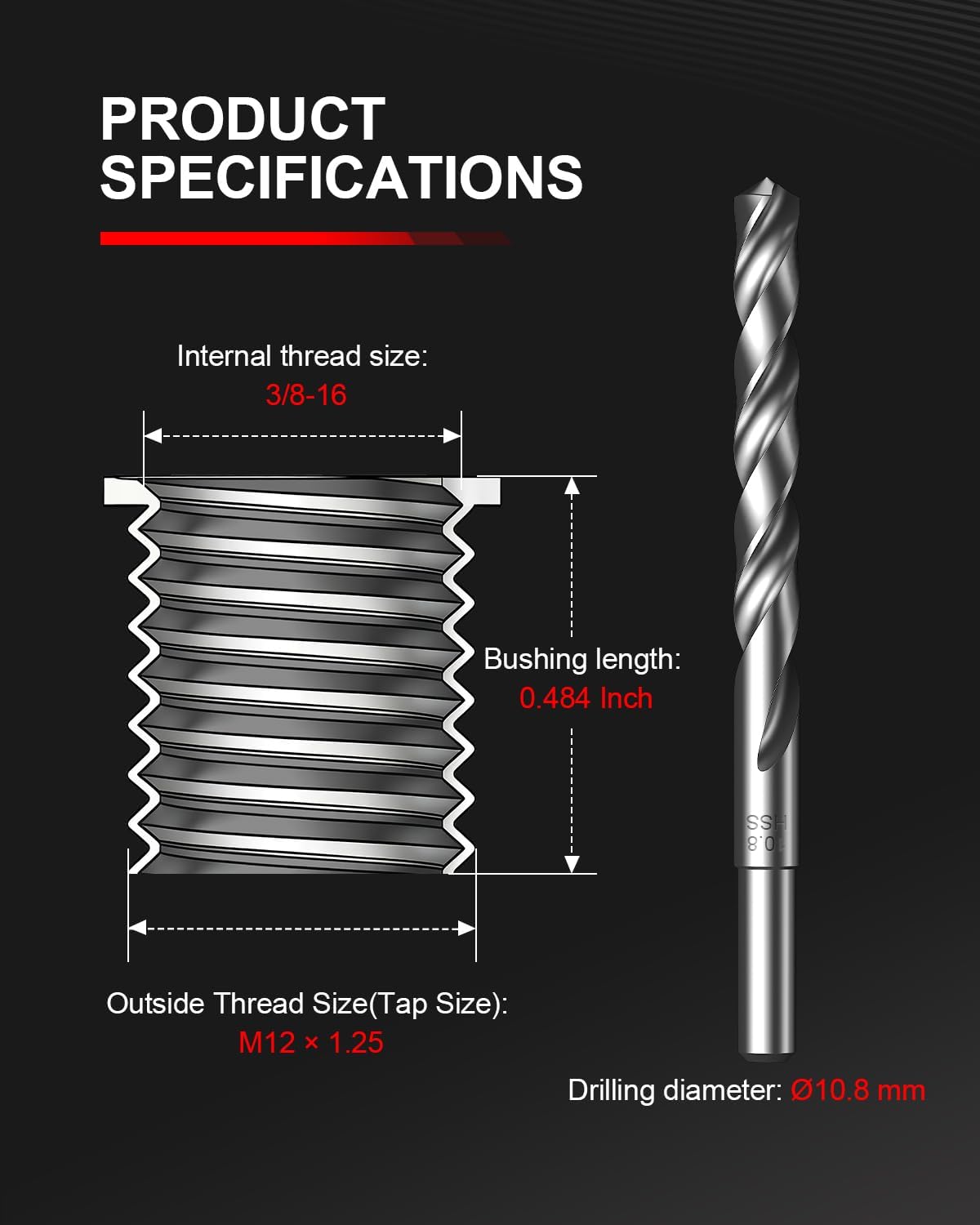 Kolvoii 3/8-16 SAE Thread Repair Kit, 10 Solid 304 Stainless Steel Inserts